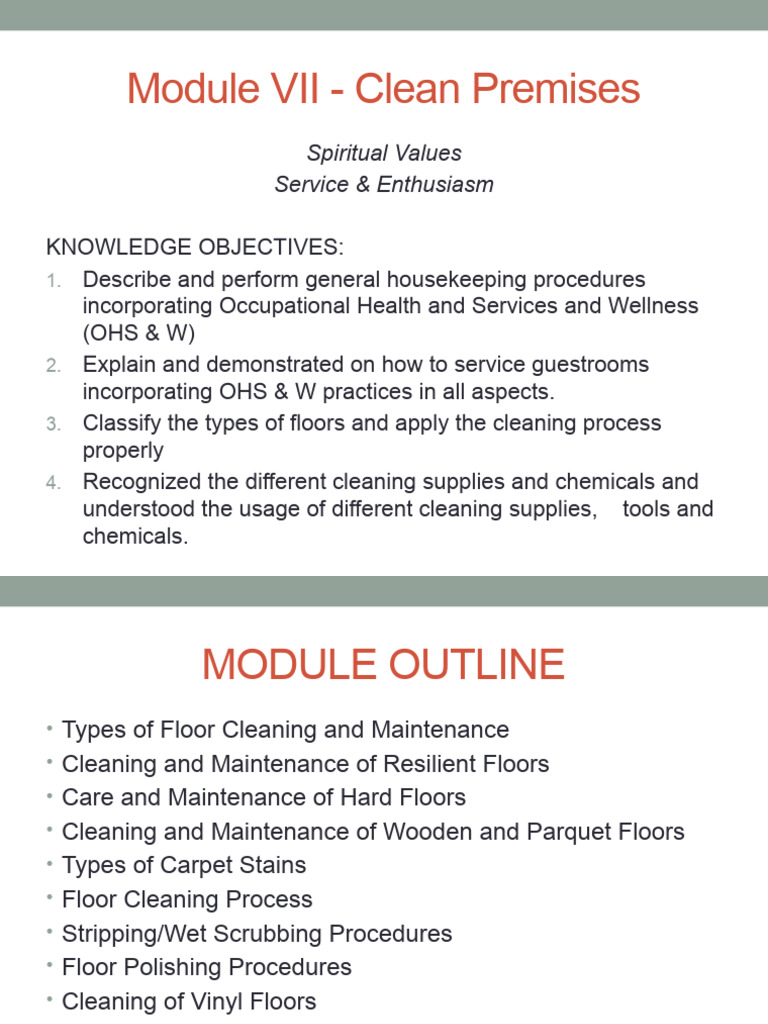 Module VII Clean Premises | PDF | Housekeeping | Vacuum Cleaner