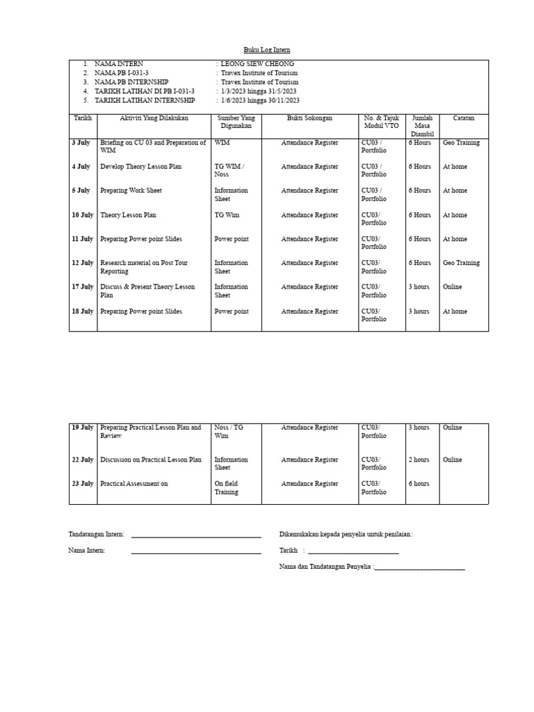 Buku Log Intern Julai 2023 | PDF