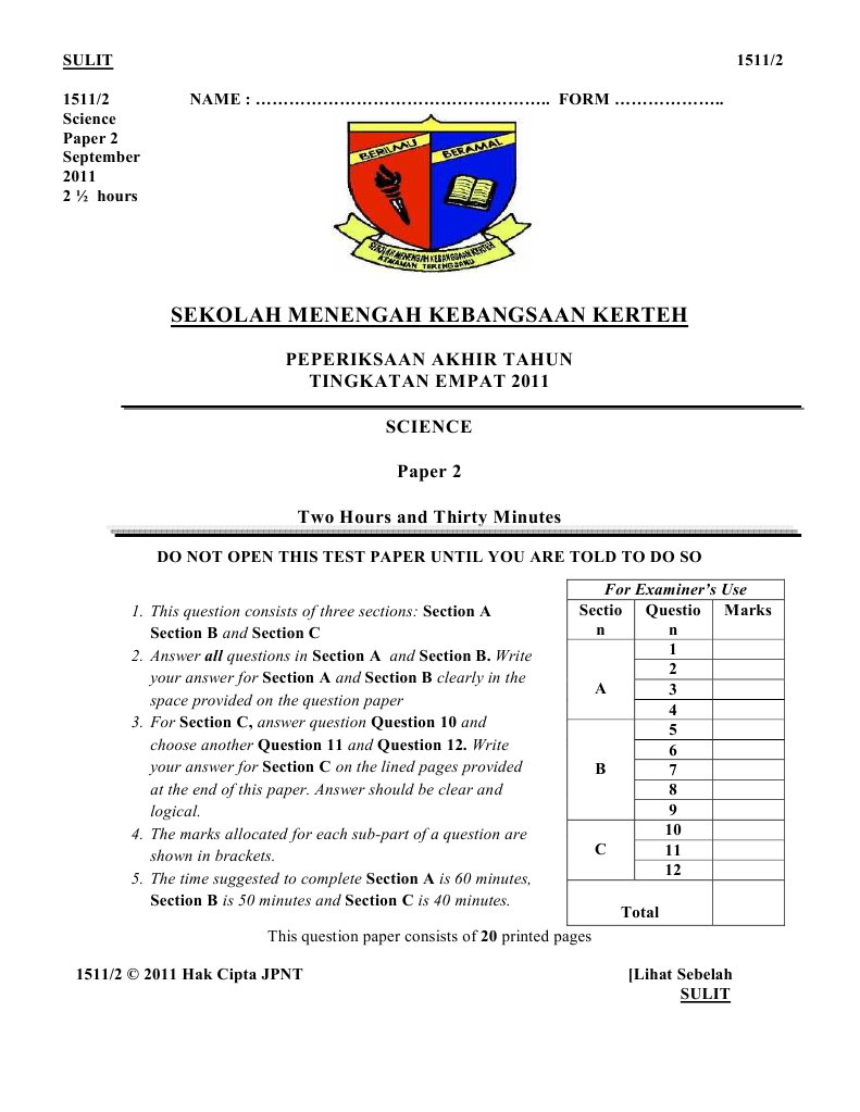 Kertas 2 Peperiksaan Akhir Tahun Sains Tingkatan 4  PDF