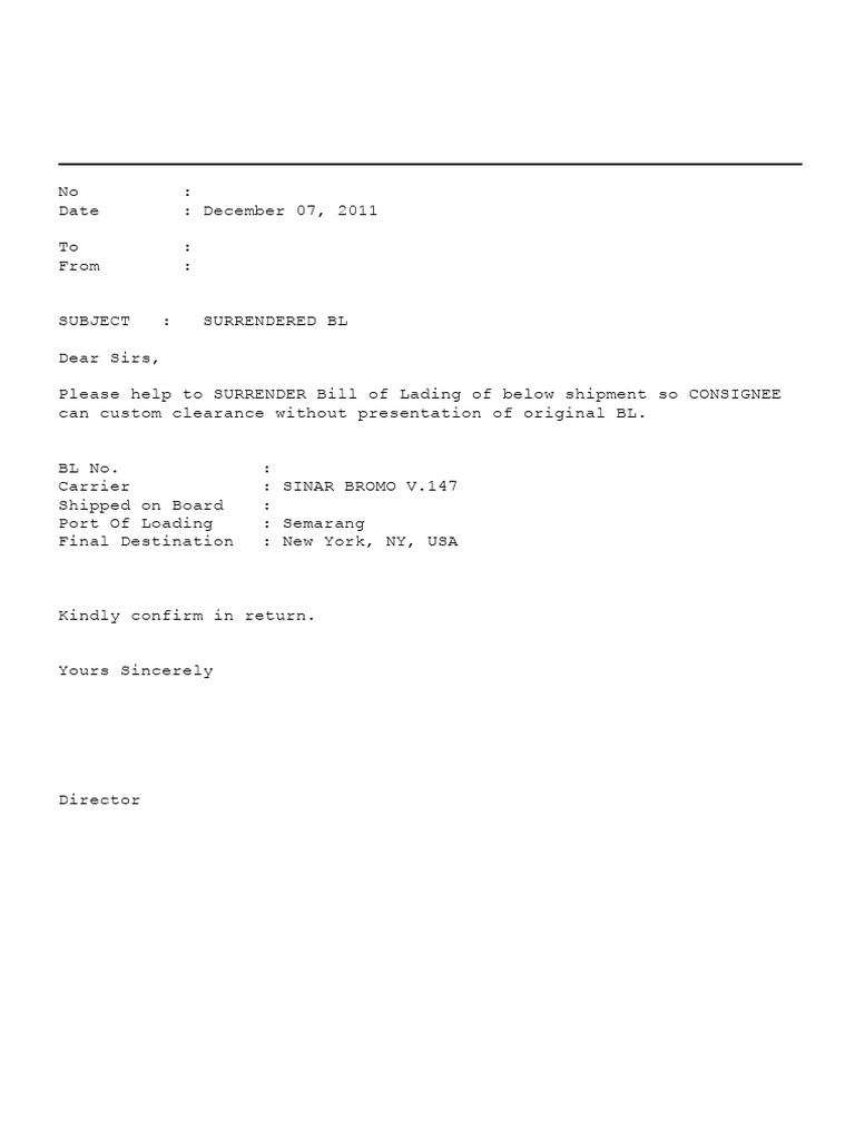 Surrender Request for Bill of Lading | PDF | Home & Garden
