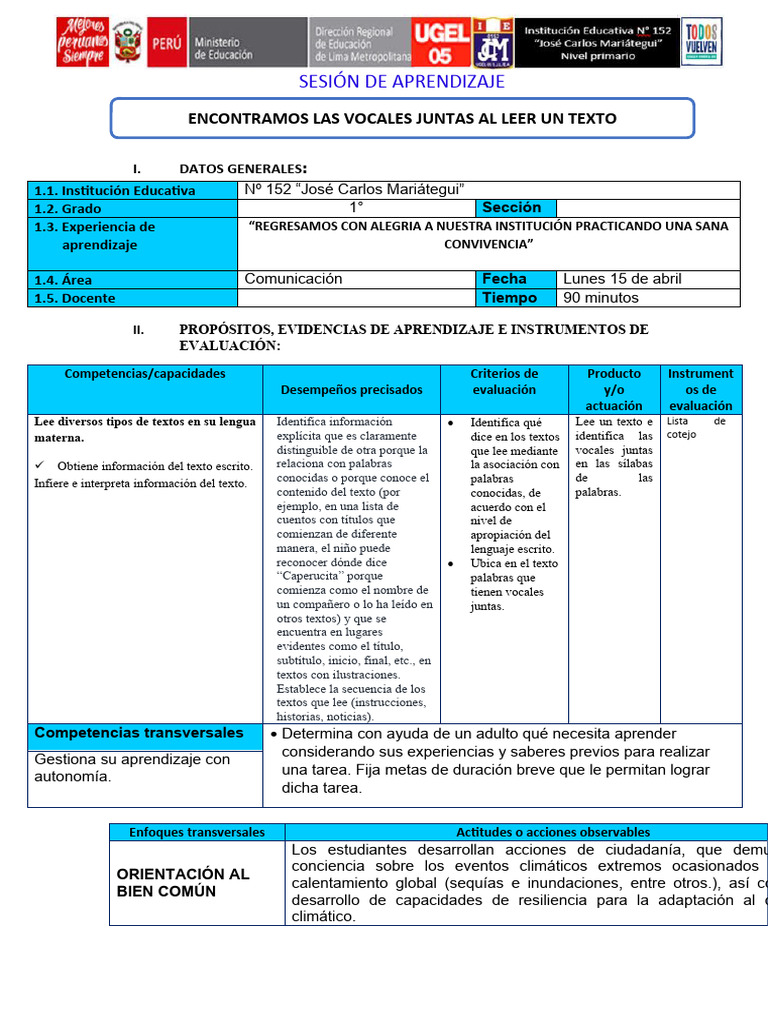 Identificación de Vocales Juntas en 1° | PDF | Evaluación | Aprendizaje