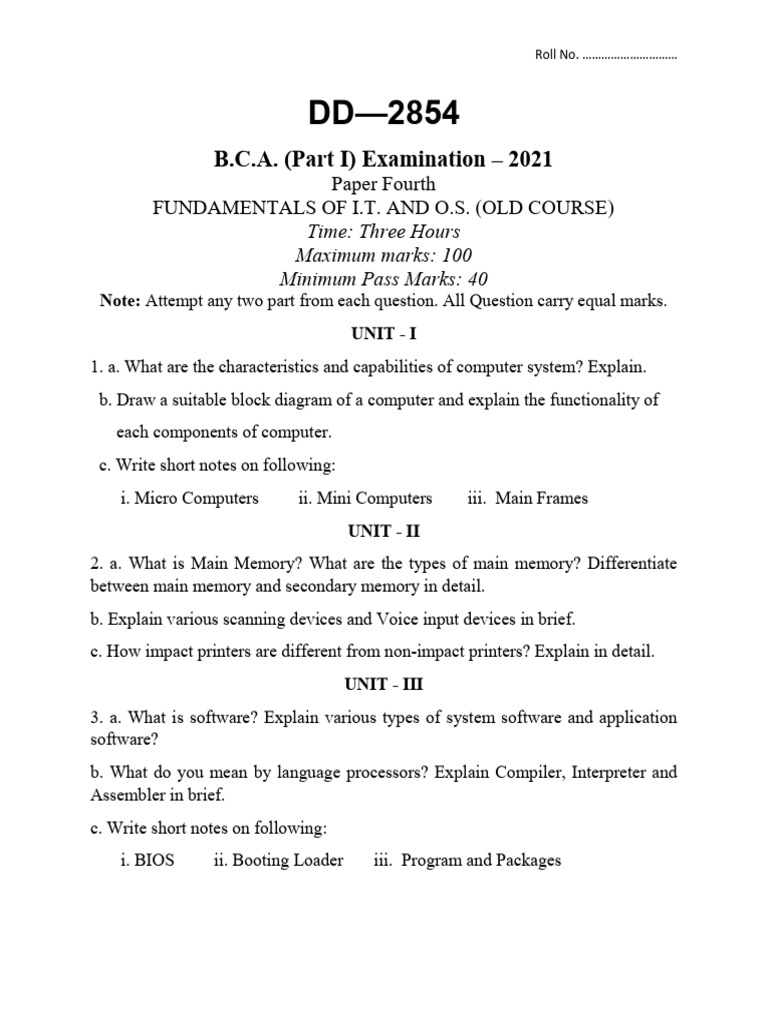 BCA IT Fundamentals Exam Paper 2021 | PDF
