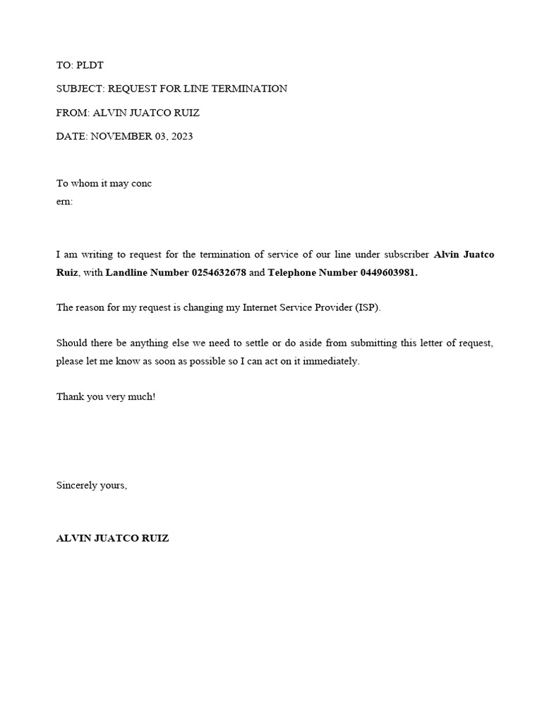 Request for PLDT Line Termination | PDF | Law