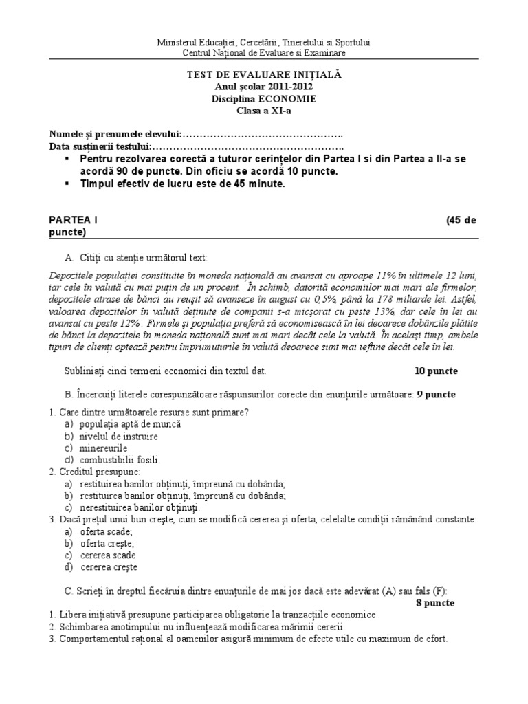 Test Initial Economie 2011