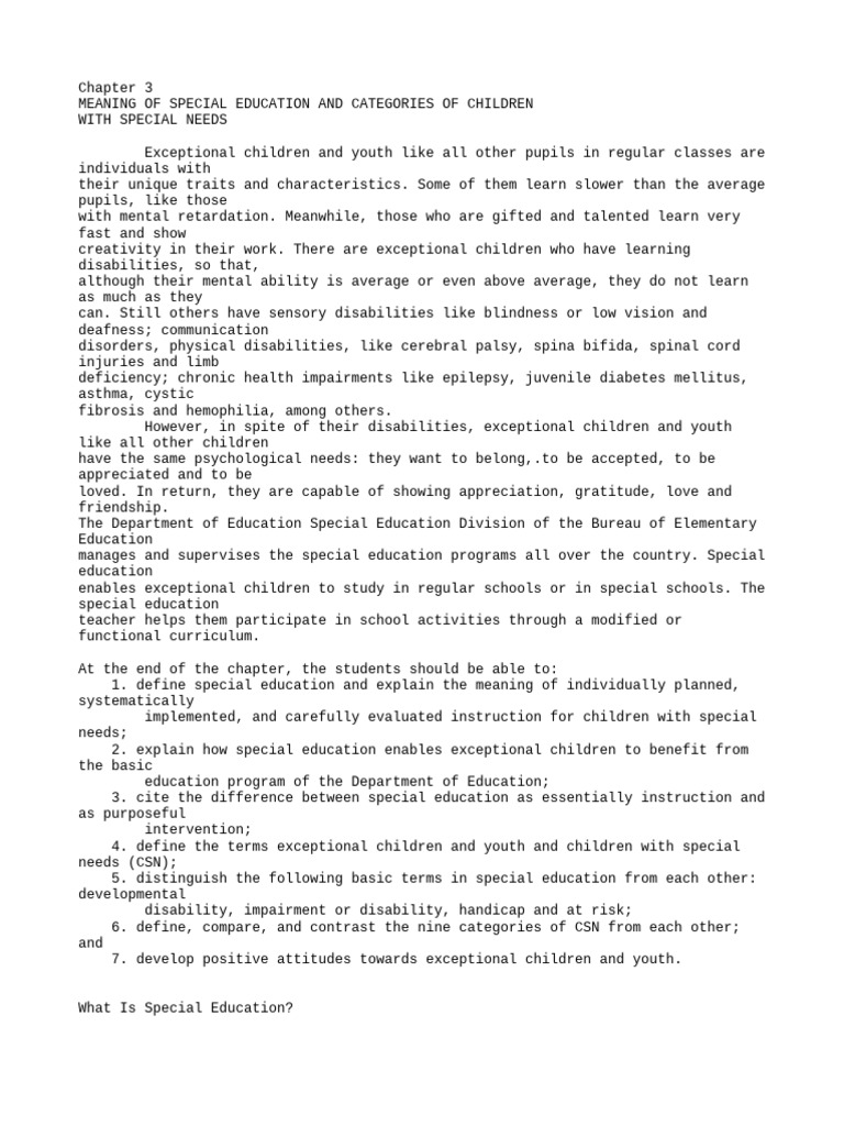 Chapter 3 meaning of special education and categories of children with