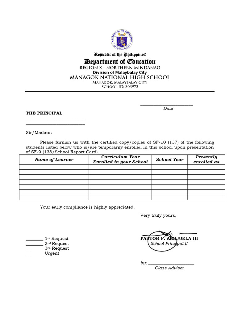 Request for Certified SF-10 Copies | PDF