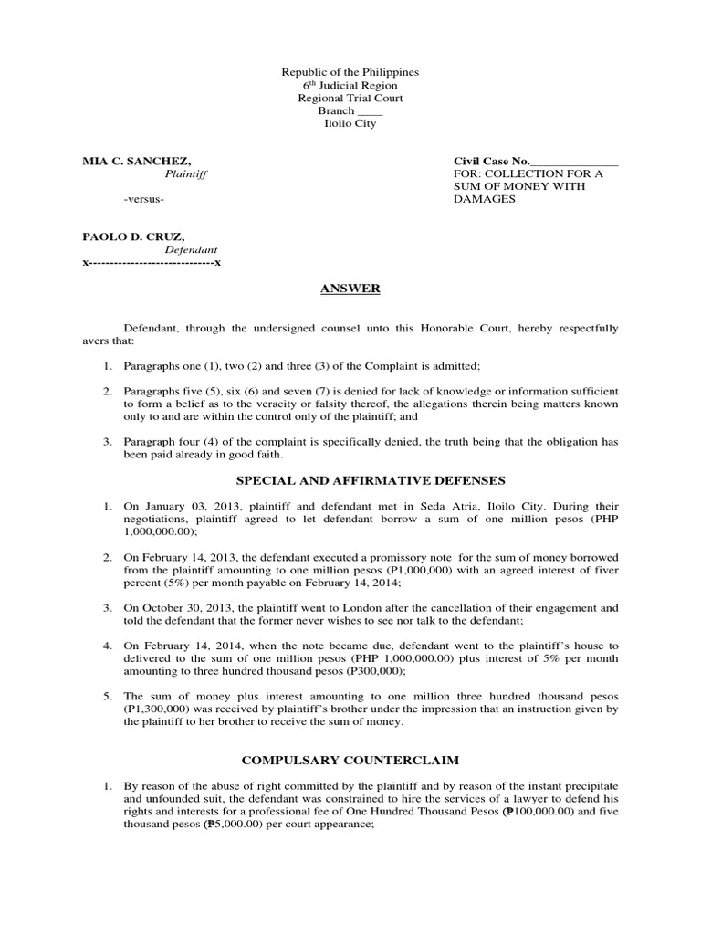 LegForms - Answer To Complaint For Sum of Money | PDF | Lawsuit | Justice
