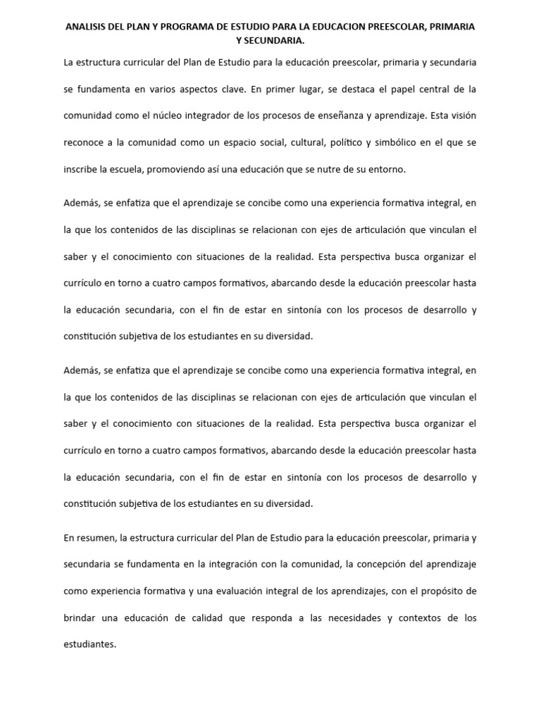 Análisis del Plan de Estudios Educativos | PDF | Educación de la ...