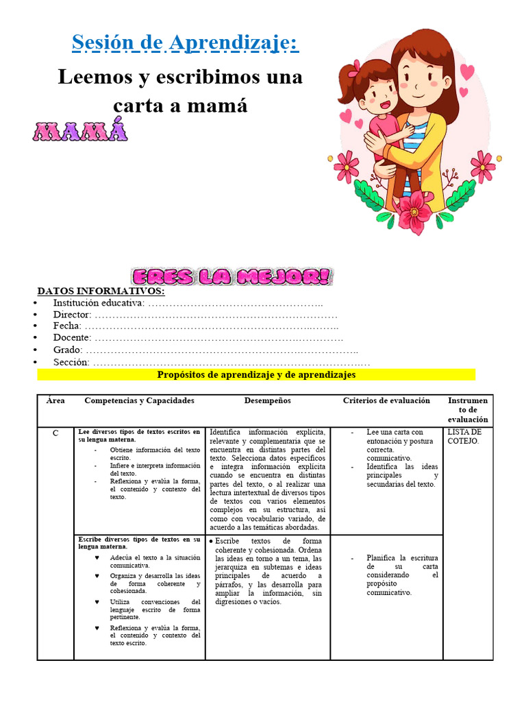 LEEMOS Y ESCRIBIMOS UNA CARTA A MAMÀ Descargar gratis PDF Evaluación