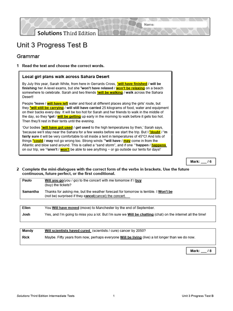 solutions third edition intermediate unit 3 progress test b answers