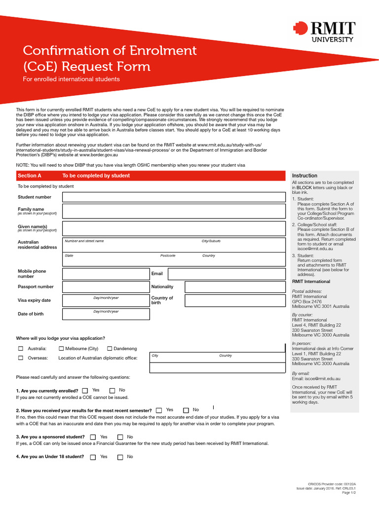 RMIT Confirmation of Enrolment Request Form | PDF | Travel Visa ...