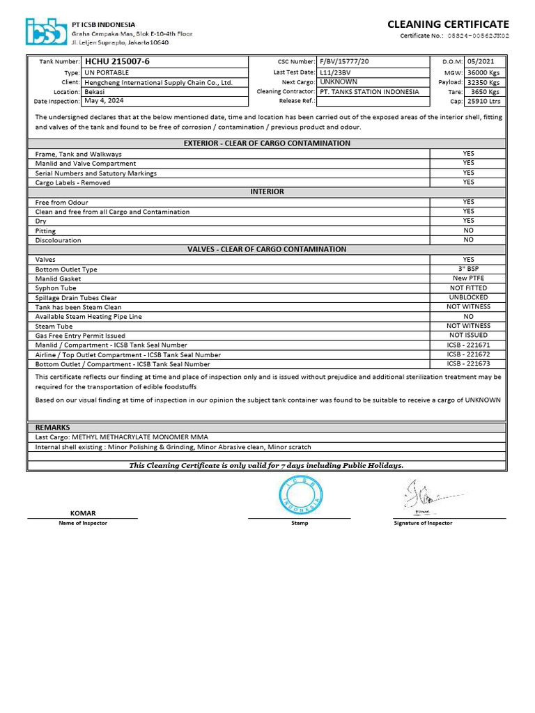 HCHU Tank Cleaning Certificate | PDF | Mechanical Engineering | Equipment
