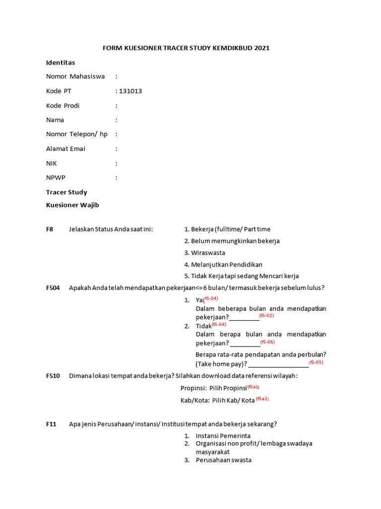Kuesioner Tracer Study Kemendikbud 2021 | PDF
