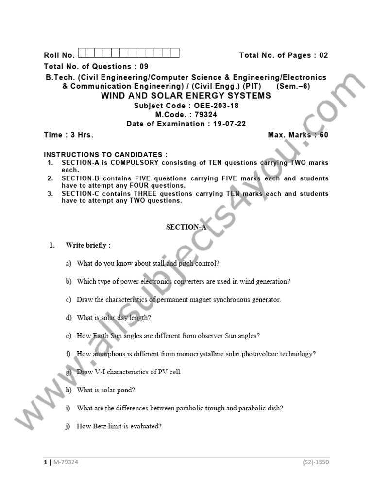 Wind and Solar Energy Exam Guide | PDF | Photovoltaics | Solar Energy