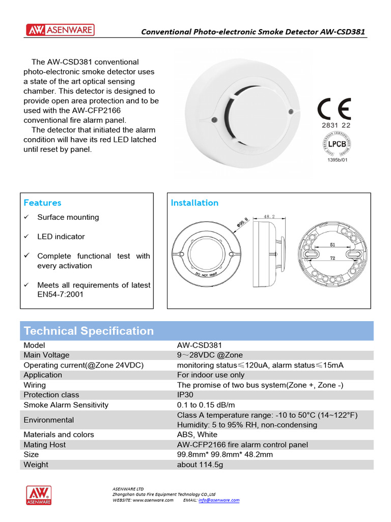 AW-CSD381 Conventional Photo-electronic Smoke Detector Datasheet ...