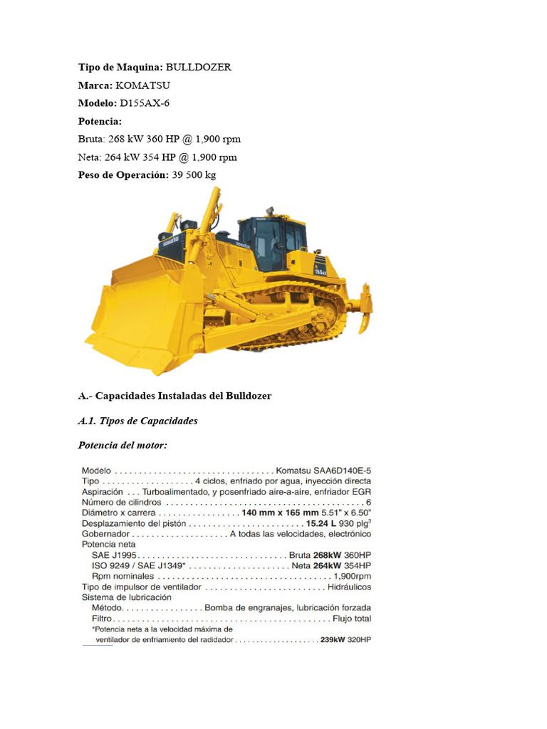 Bulldozer Komatsu D155AX-6 Especificaciones | PDF | Informática