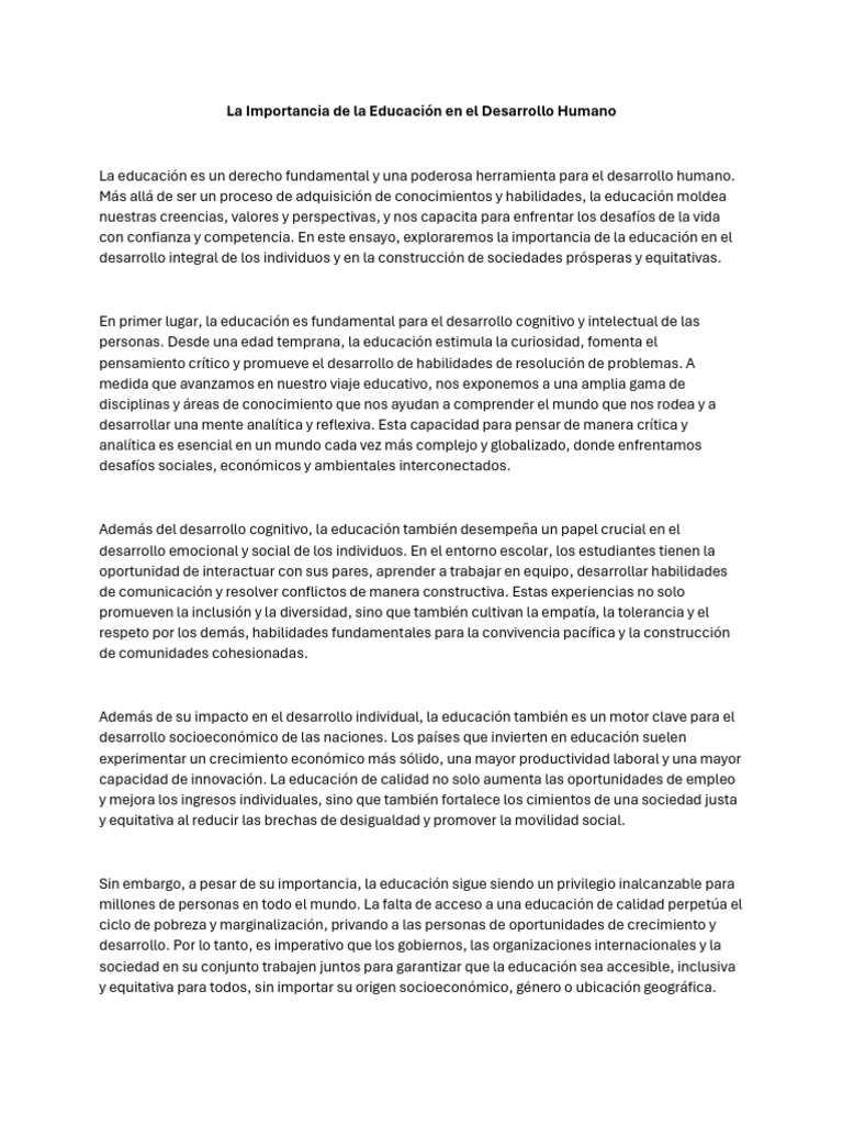 La Importancia de La Educación en El Desarrollo Humano | PDF ...