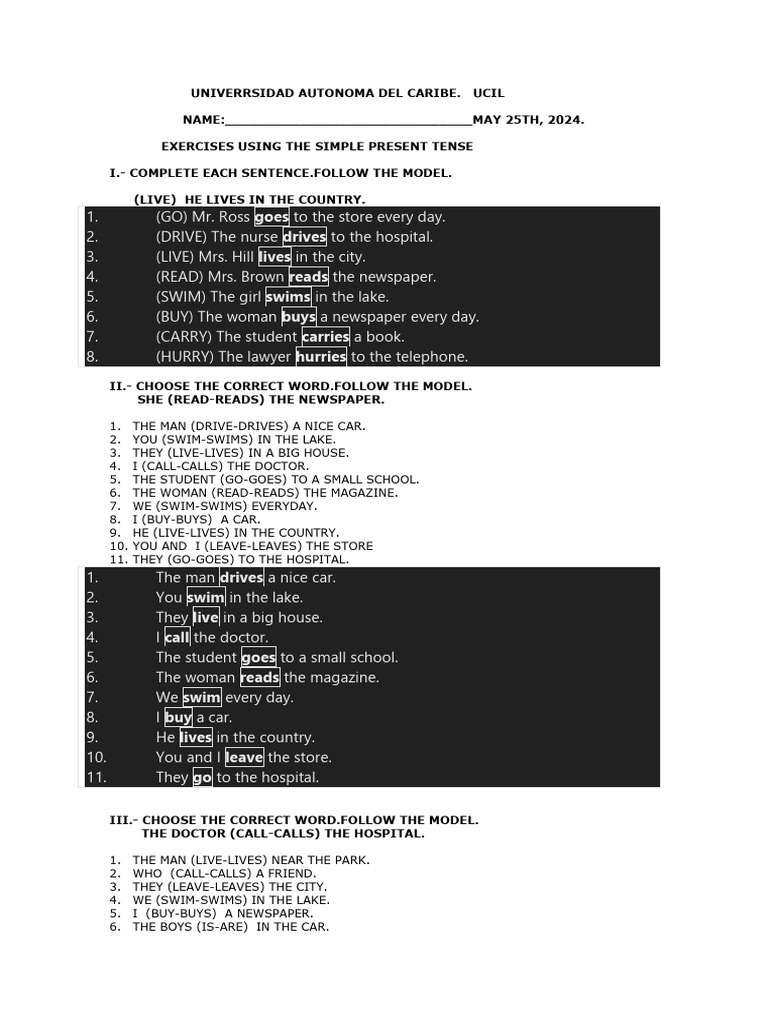 E exercises using the simple present tense pdf