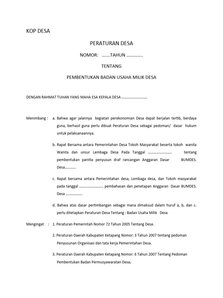 Contoh Perdes Bumdes Asli | PDF