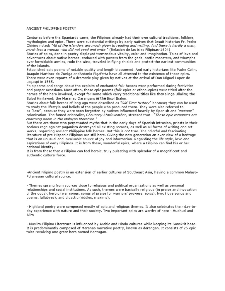 Ancient Philippine Poetry Hero Epic Poetry