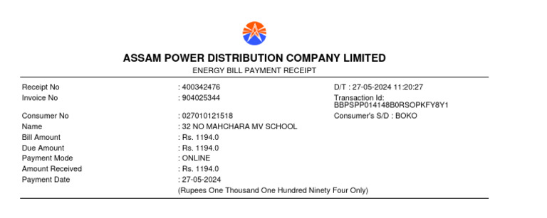 Assam Power Bill Payment Receipt | PDF