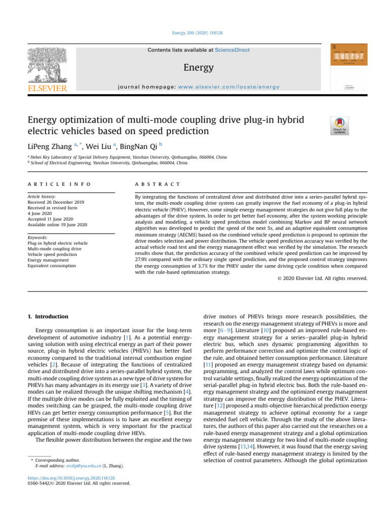 Energy Optimization for PHEVs Using Speed Prediction | PDF | Plug In ...