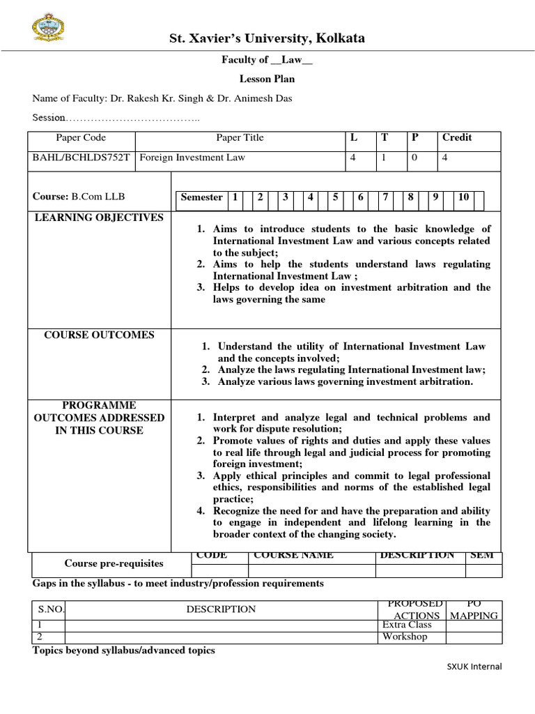 Lesson Plan Foreign Investment Law PDF Most Favoured Nation