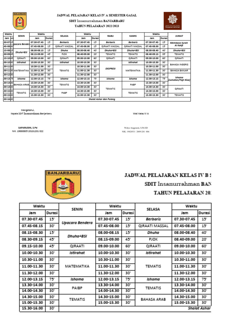 Jadwal Pelajaran Kelas IV Semester Gasal | PDF
