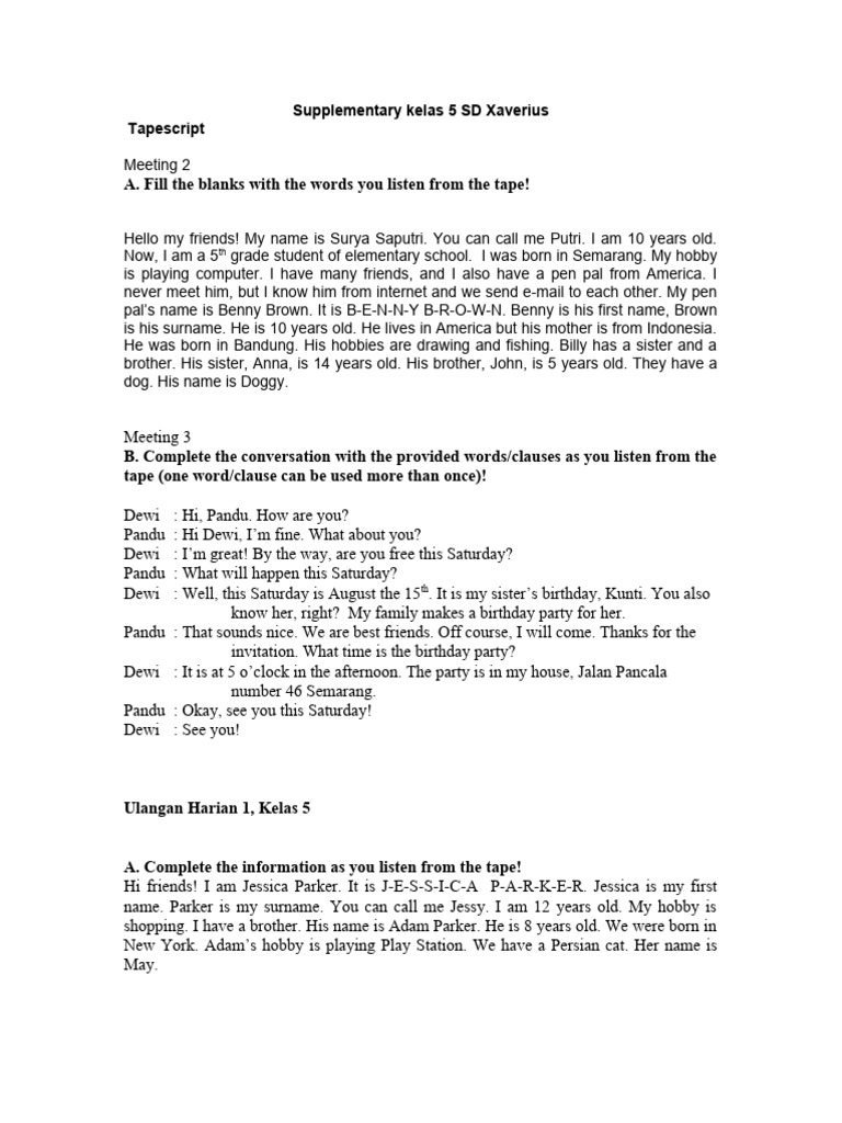 Kelas 5 SD Xaverius: Tapescript & Exercises | PDF | Language Arts ...