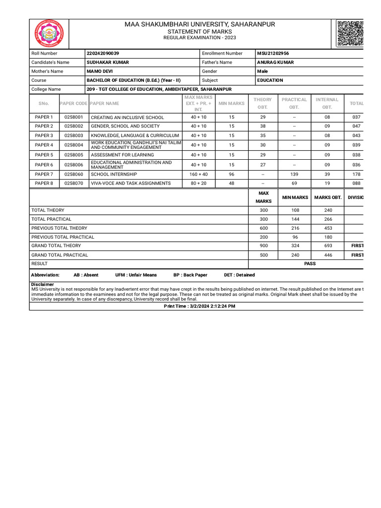 B.Ed. II Year Result - Sudhakar Kumar | PDF