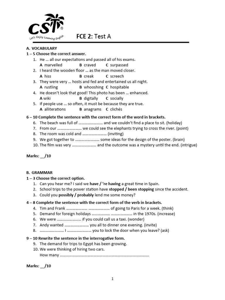 Fce 2 Test A Vocabulary Grammar Pdf Letter Case Alphabet