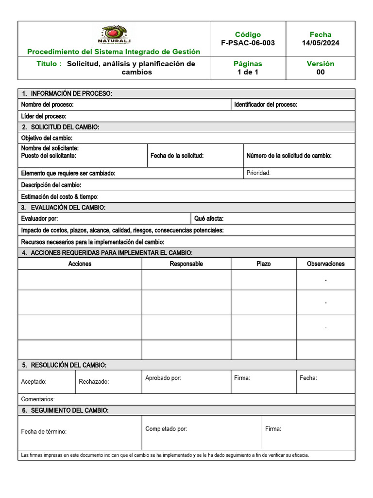 F-PSAC-06-003 Solicitud, Análisis y Planificacion de Cambios v00 | PDF ...
