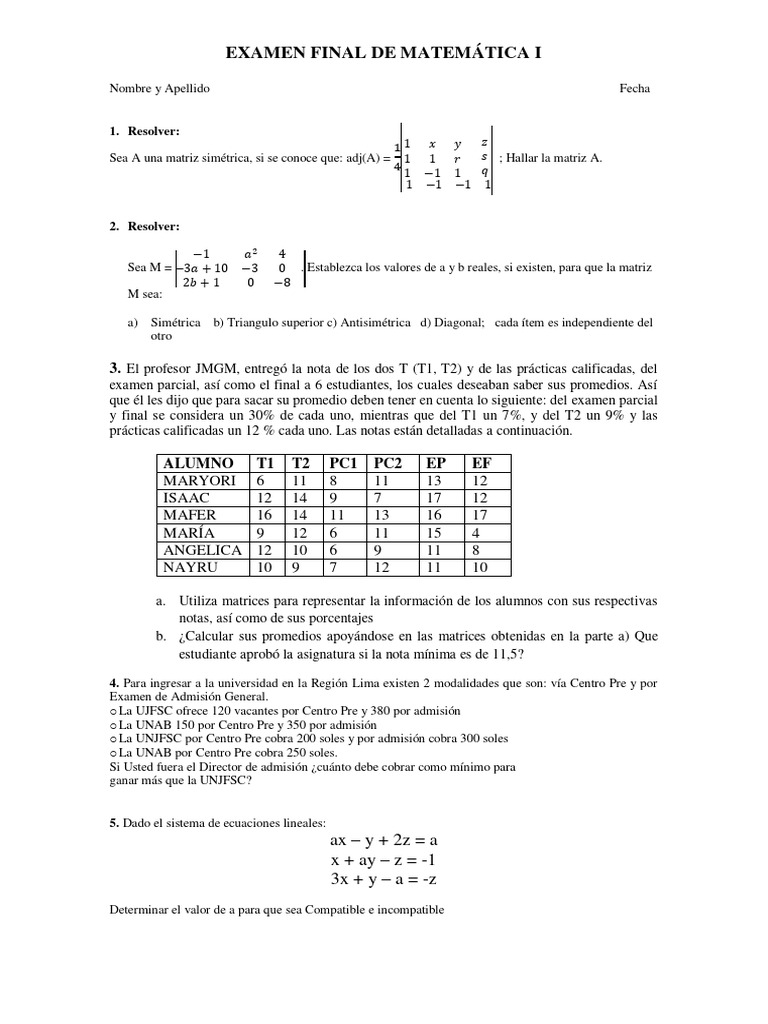 Examen Final Matemática I 5to Secundaria | PDF | Matriz (Matemáticas ...