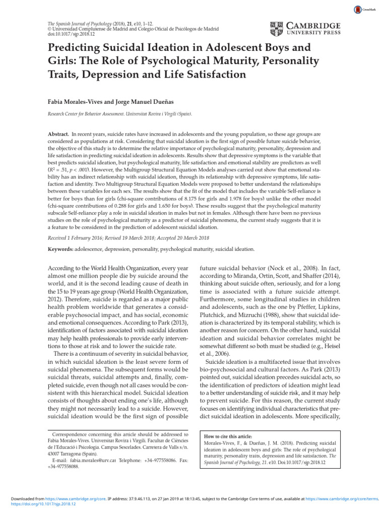 Predicting Adolescent Suicidal Ideation | PDF | Emotions | Social ...