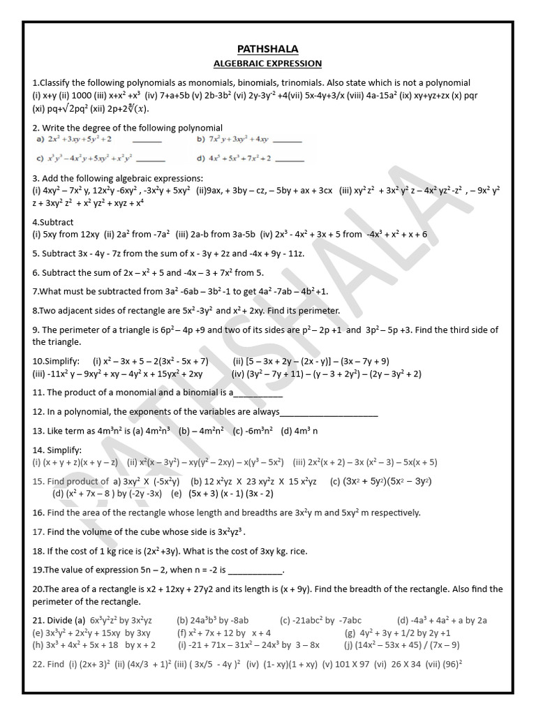 Algebraic Expressions Practice | PDF | Numerical Analysis