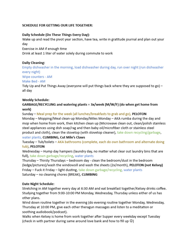 Daily and Weekly Life Organization Schedule | PDF | Dishwasher | Meal