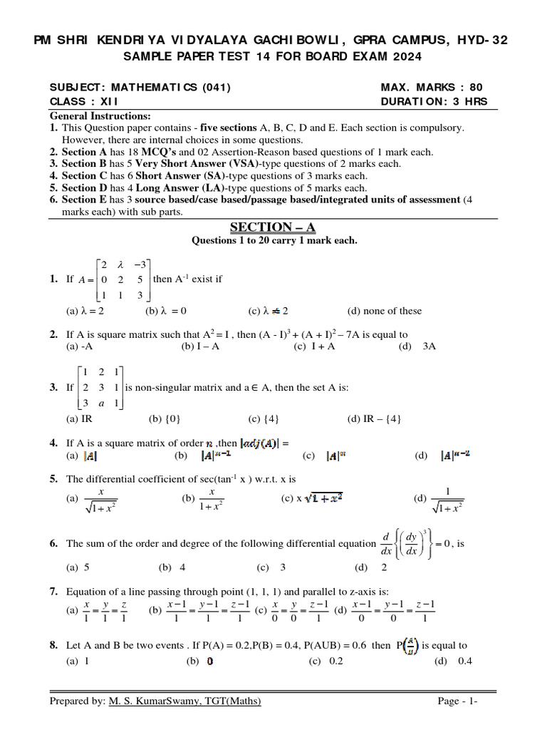 Class XII Mathematics Sample Paper 2024 | PDF | Algebra | Mathematical ...