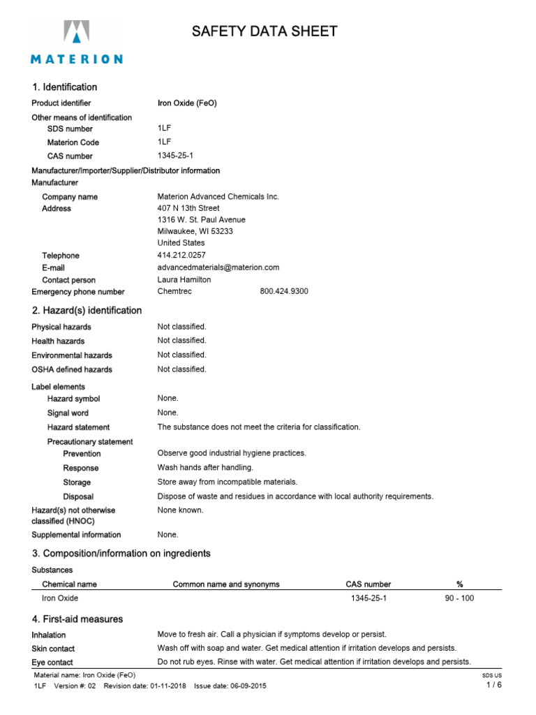 1LF - IRON OXIDE (FEO) - SDS-US - English | PDF | Dangerous Goods ...