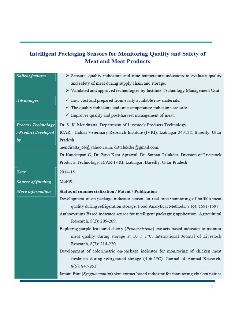Intelligent Sensors for Meat Quality Monitoring | PDF | Meat ...