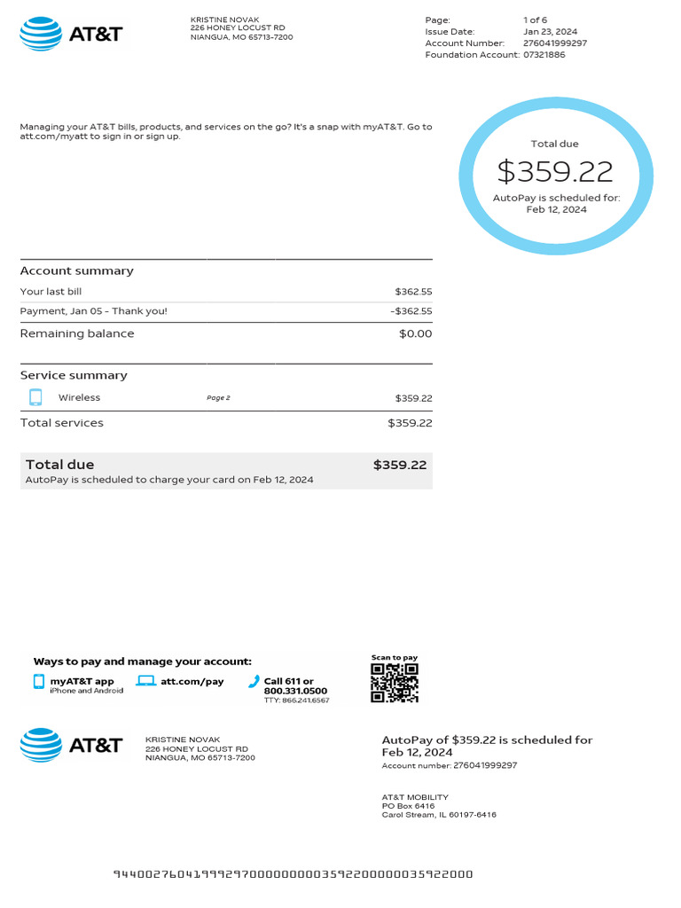 AT&T Bill Summary for Kristine Novak | PDF | Fee | Mobile Phones