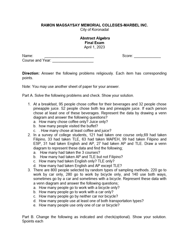 Abstract Algebra Final Exam Guide | PDF | Mathematical Notation ...