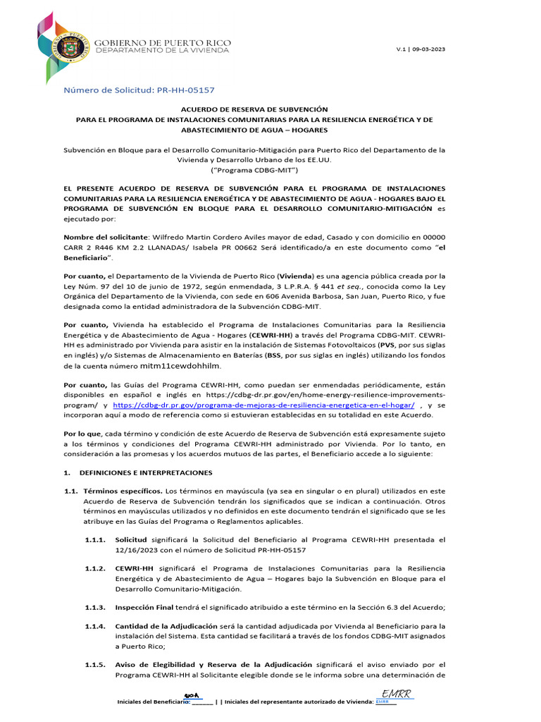 Acuerdo de Subvención CEWRI-HH Puerto Rico | PDF | Fotovoltaica ...