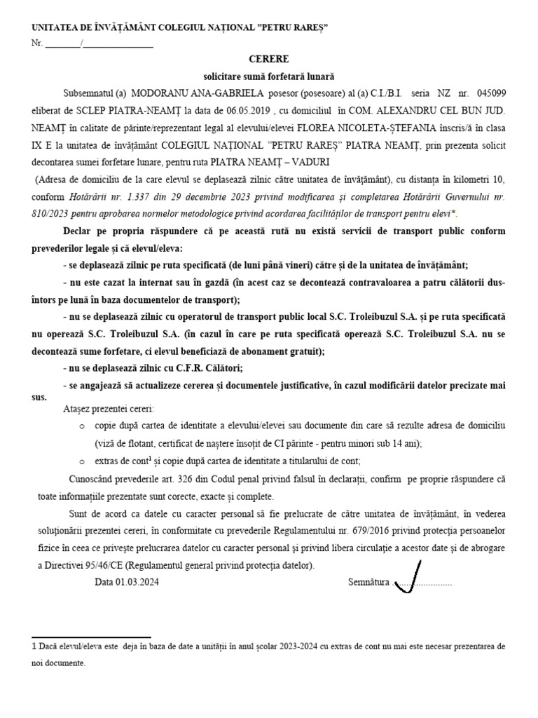 Cerere Catre Unitatea de Invatamant Solicitare Sume Forfetare | PDF