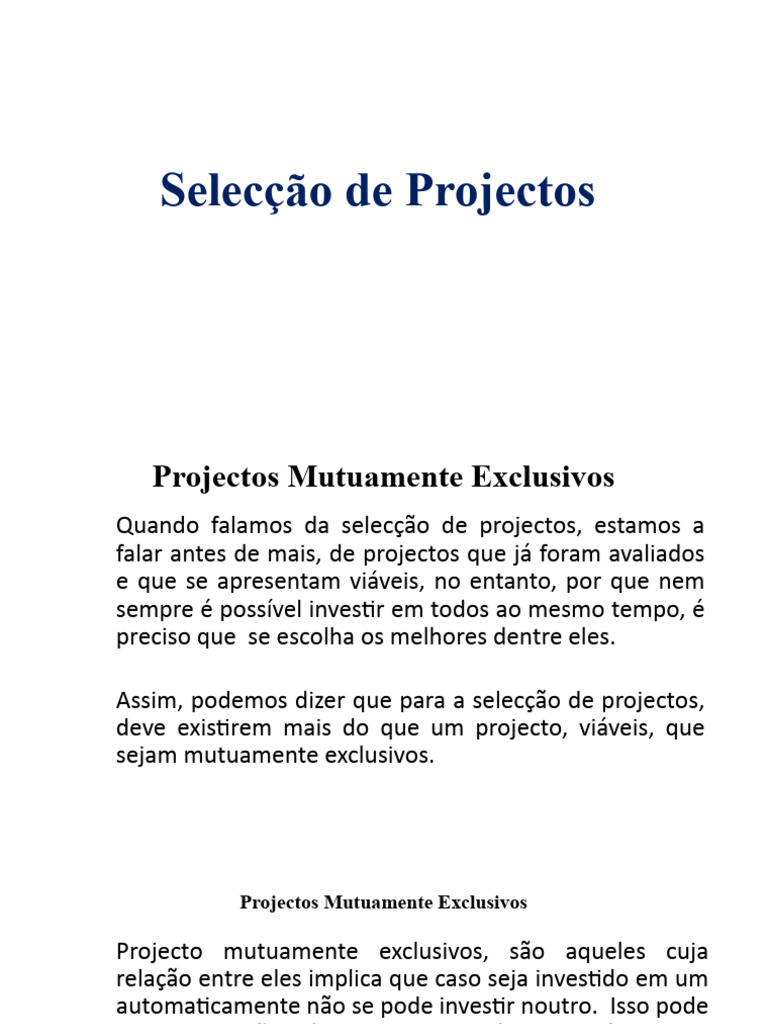 Seleção de Projetos Mutuamente Exclusivos | PDF | Investimentos | Comércio