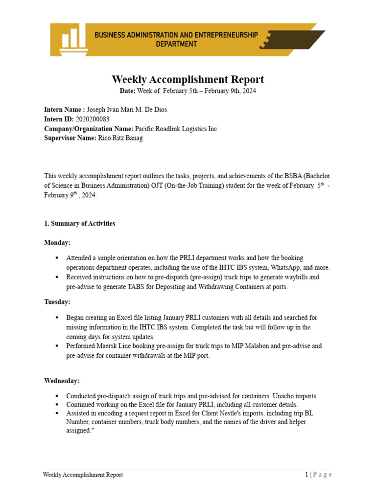 PRLI Weekly Accomplishment Report | PDF | Business