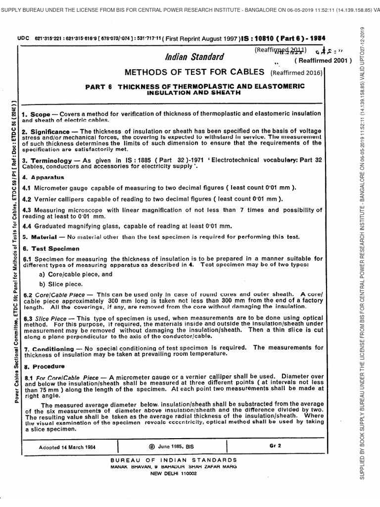 IS 10810 Part 6: Cable Thickness Testing | PDF | Materials Science ...