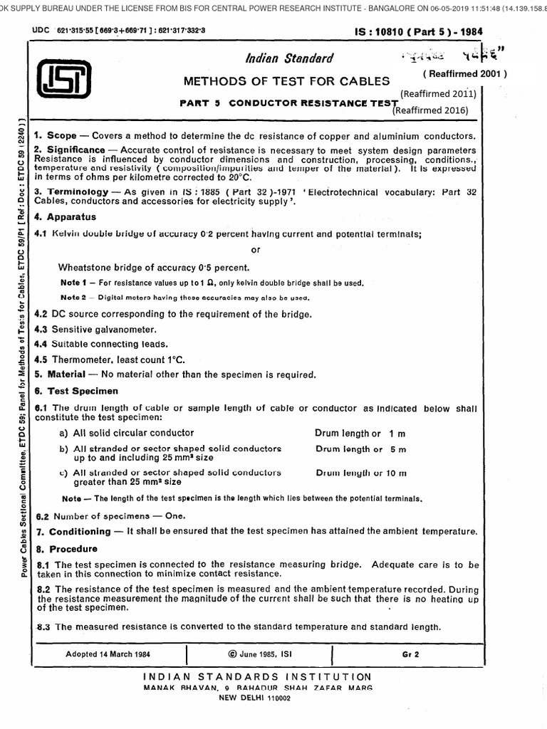 Is 10810 - 5 - 1984 Ra 2016 | PDF | Electrical Resistance And ...