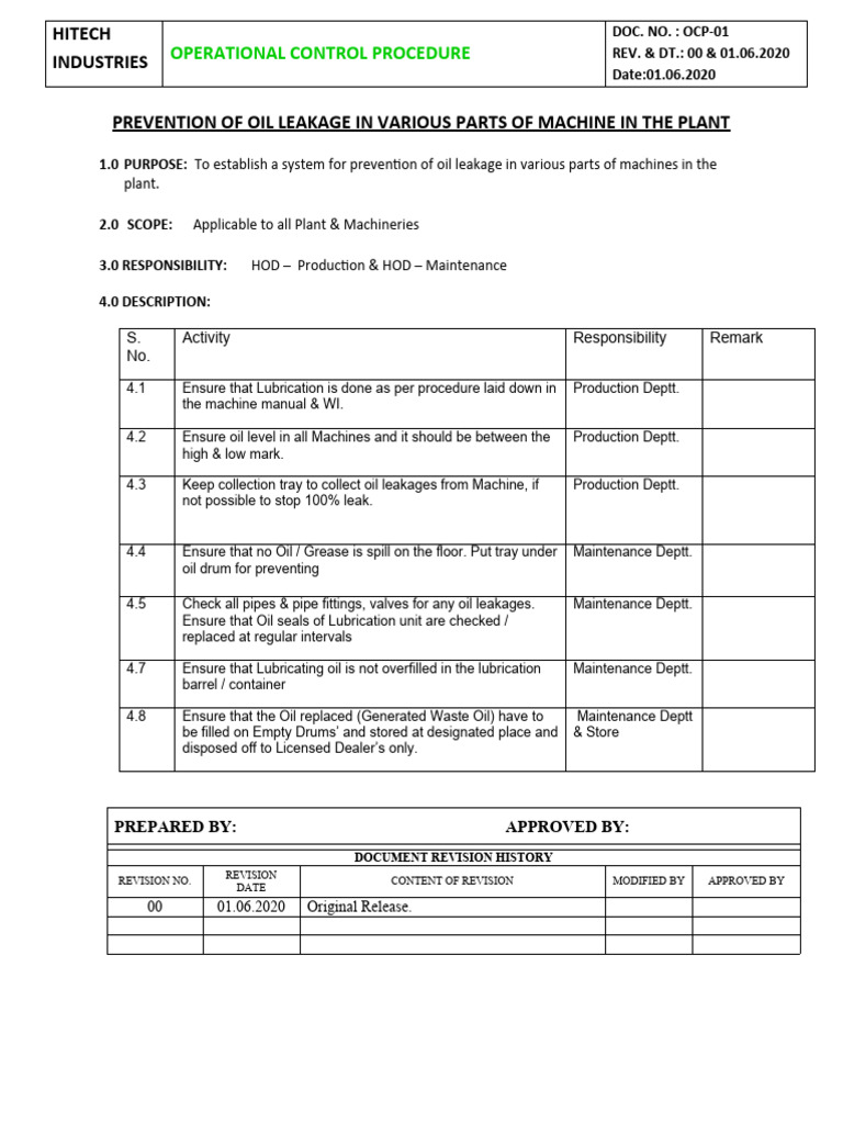 Oil Leakage Prevention Procedure | PDF | Technology & Engineering
