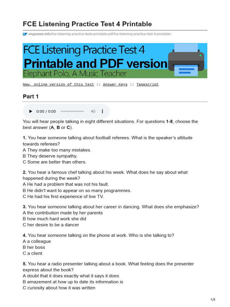Engexam Info Fce Listening Practice Test 4 Printable Pdf Elephant