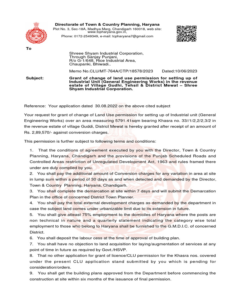 CLU Approval for Industrial Unit in Mewat | PDF | Justice | Crime ...